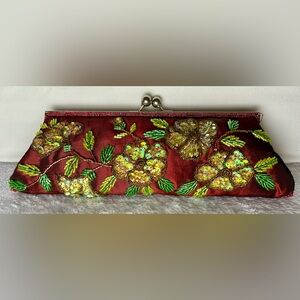 Elegant Floral Embroidered Clutch with Beaded Wristlet
